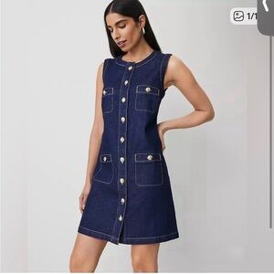 Ann Taylor Dark Blue Denim Sheath dress with gold buttons